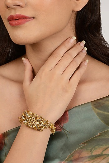 Gold Finish Beige Cluster Beaded Bracelet