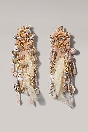Gold Finish Peach Shell & Feather Dangler Earrings