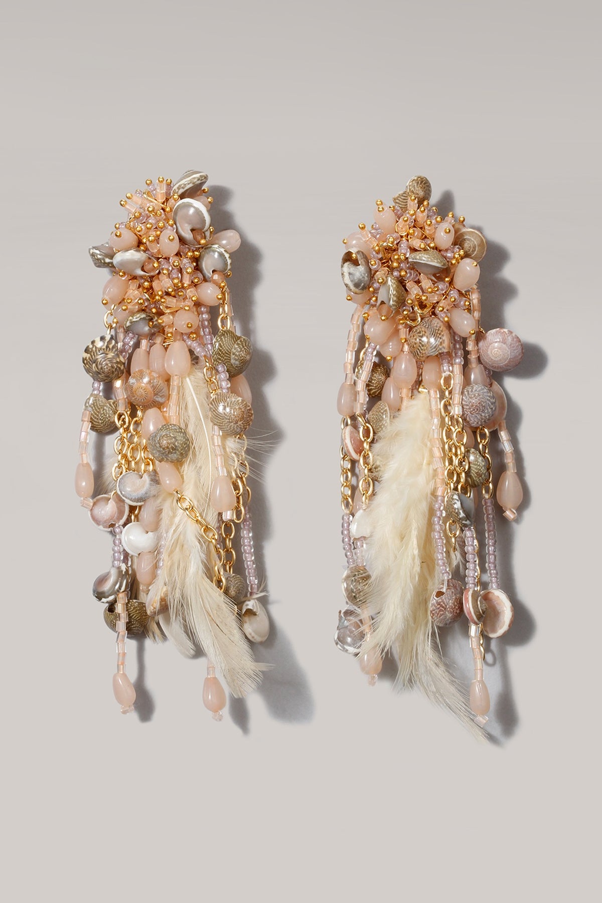 Gold Finish Peach Shell & Feather Dangler Earrings
