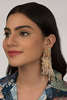 Gold Finish Peach Shell & Feather Dangler Earrings