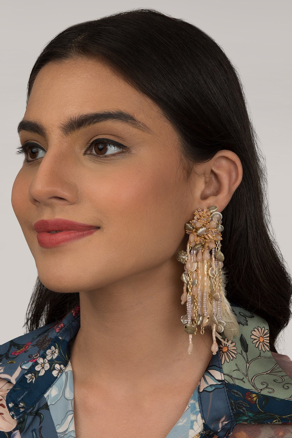 Gold Finish Peach Shell & Feather Dangler Earrings