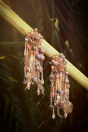 Gold Finish Peach Shell & Feather Dangler Earrings