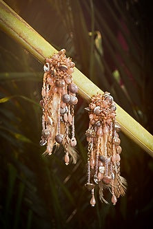 Gold Finish Peach Shell & Feather Dangler Earrings
