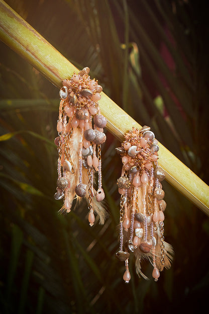 Gold Finish Peach Shell & Feather Dangler Earrings