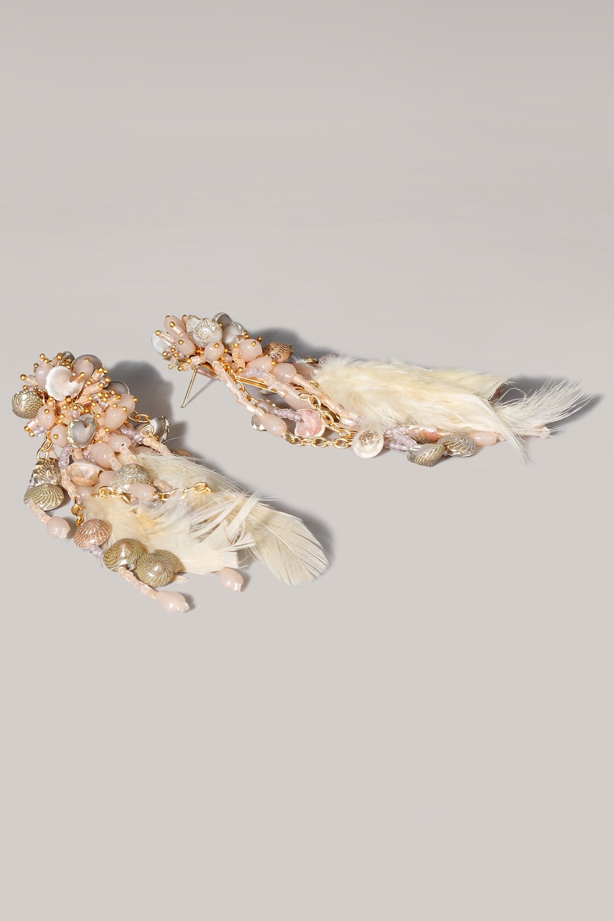 Gold Finish Peach Shell & Feather Dangler Earrings