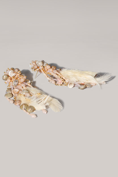 Gold Finish Peach Shell & Feather Dangler Earrings