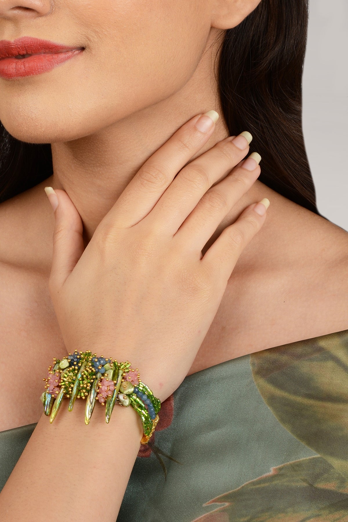 Gold Finish Crystal Beaded Shell Bracelet