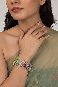 Gold Finish Crystal Beaded Cuff Bracelet