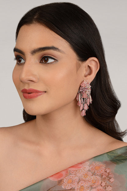 Gold Finish Pink Crystal Beaded Dangler Earrings