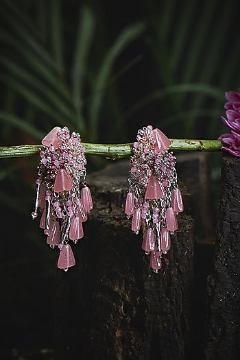 Gold Finish Pink Crystal Beaded Dangler Earrings