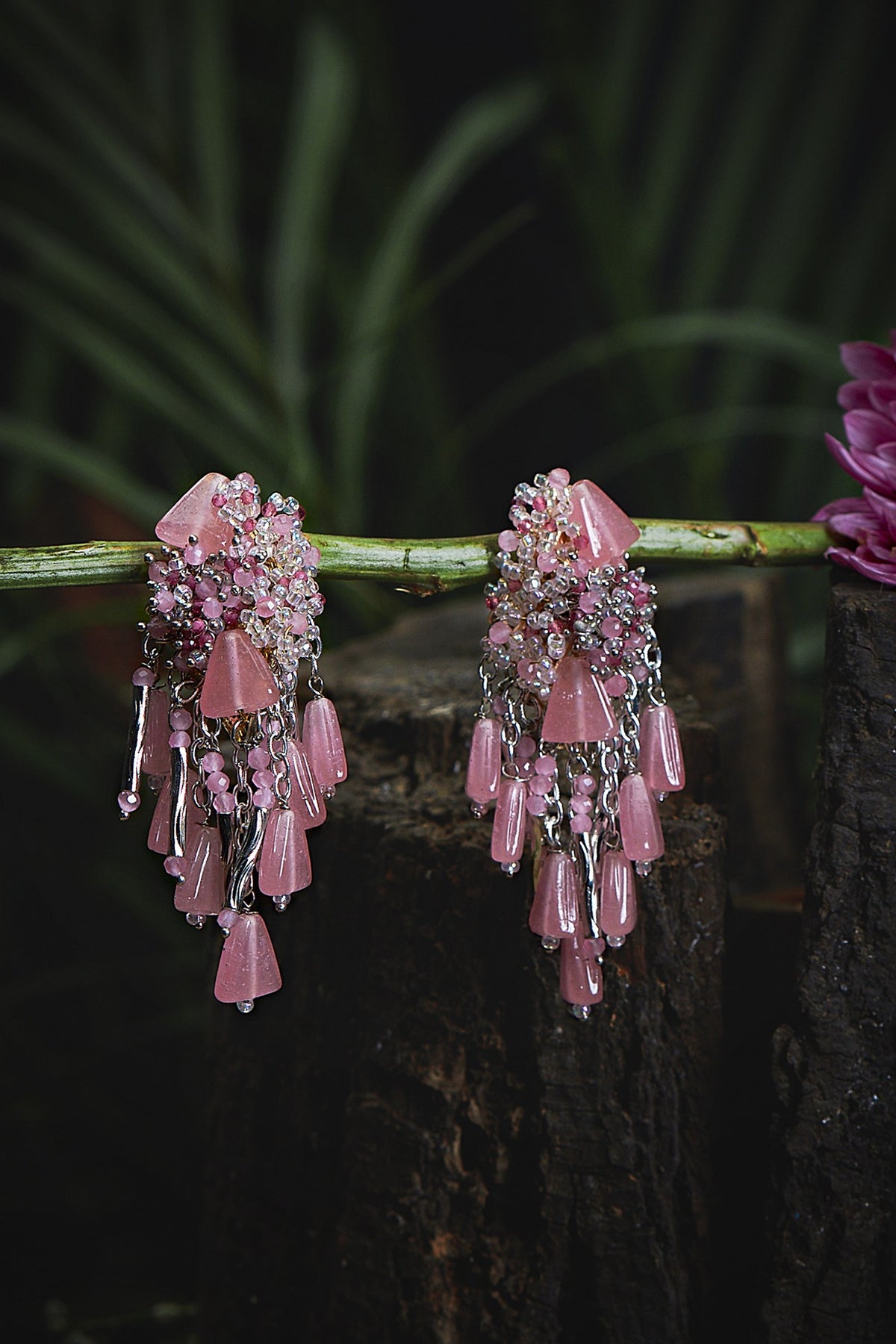 Gold Finish Pink Crystal Beaded Dangler Earrings