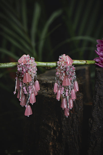 Gold Finish Pink Crystal Beaded Dangler Earrings