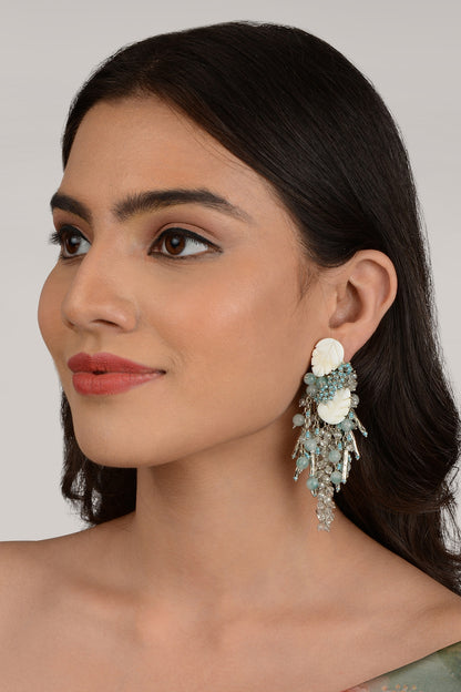 Gold Finish Aqua Blue Crystal Dangler Earrings