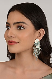 Gold Finish Aqua Blue Crystal Dangler Earrings
