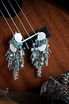 Gold Finish Aqua Blue Crystal Dangler Earrings