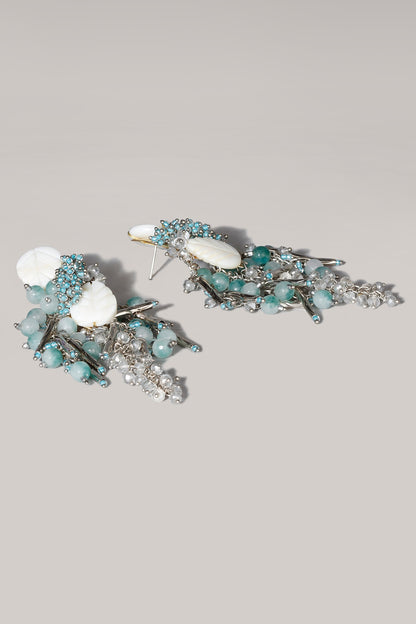 Gold Finish Aqua Blue Crystal Dangler Earrings