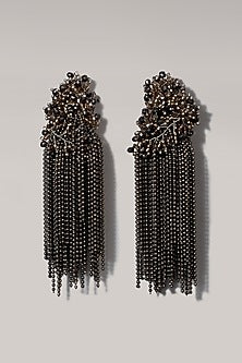 Gold Finish Gunmetal Grey Glass Beaded Dangler Earrings