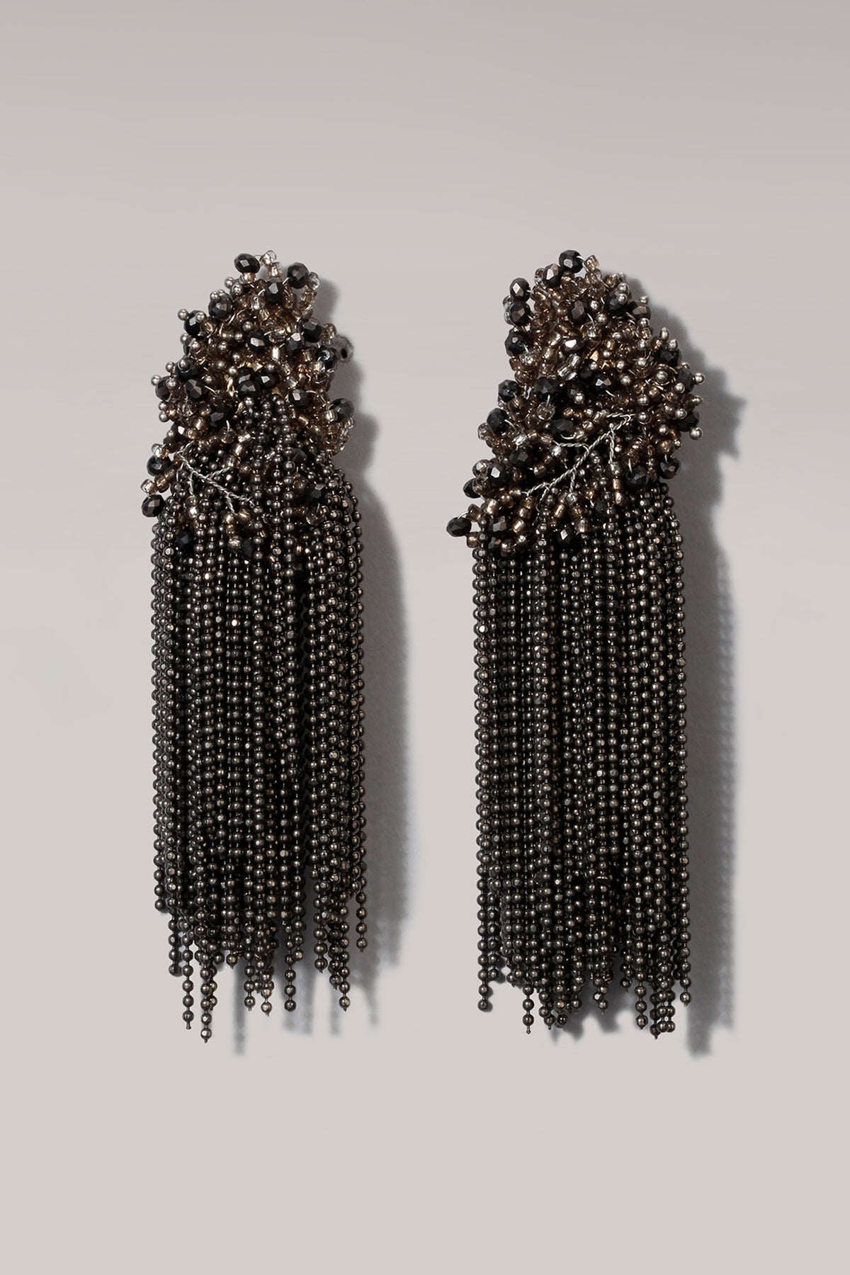 Gold Finish Gunmetal Grey Glass Beaded Dangler Earrings