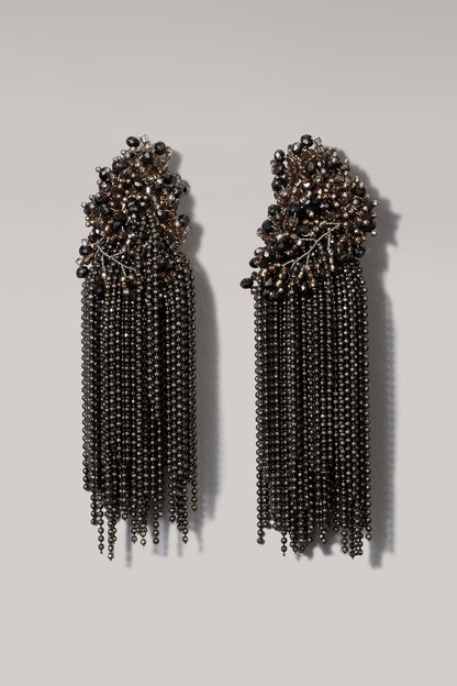 Gold Finish Gunmetal Grey Glass Beaded Dangler Earrings