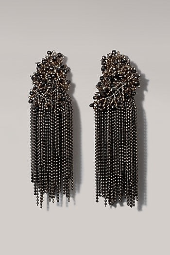 Gold Finish Gunmetal Grey Glass Beaded Dangler Earrings