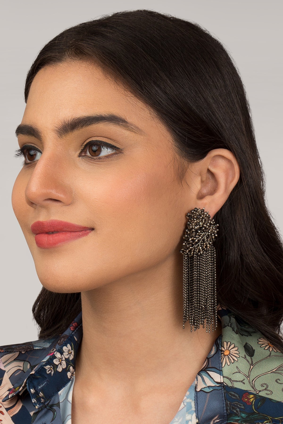 Gold Finish Gunmetal Grey Glass Beaded Dangler Earrings