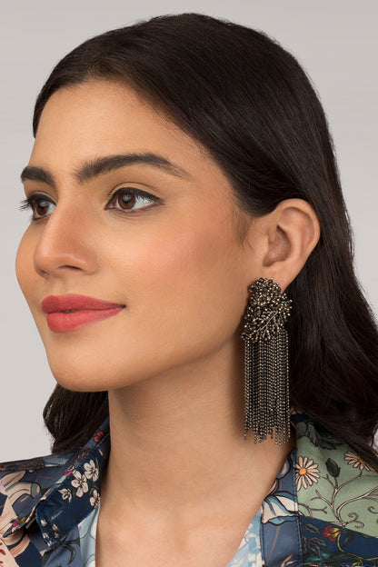 Gold Finish Gunmetal Grey Glass Beaded Dangler Earrings