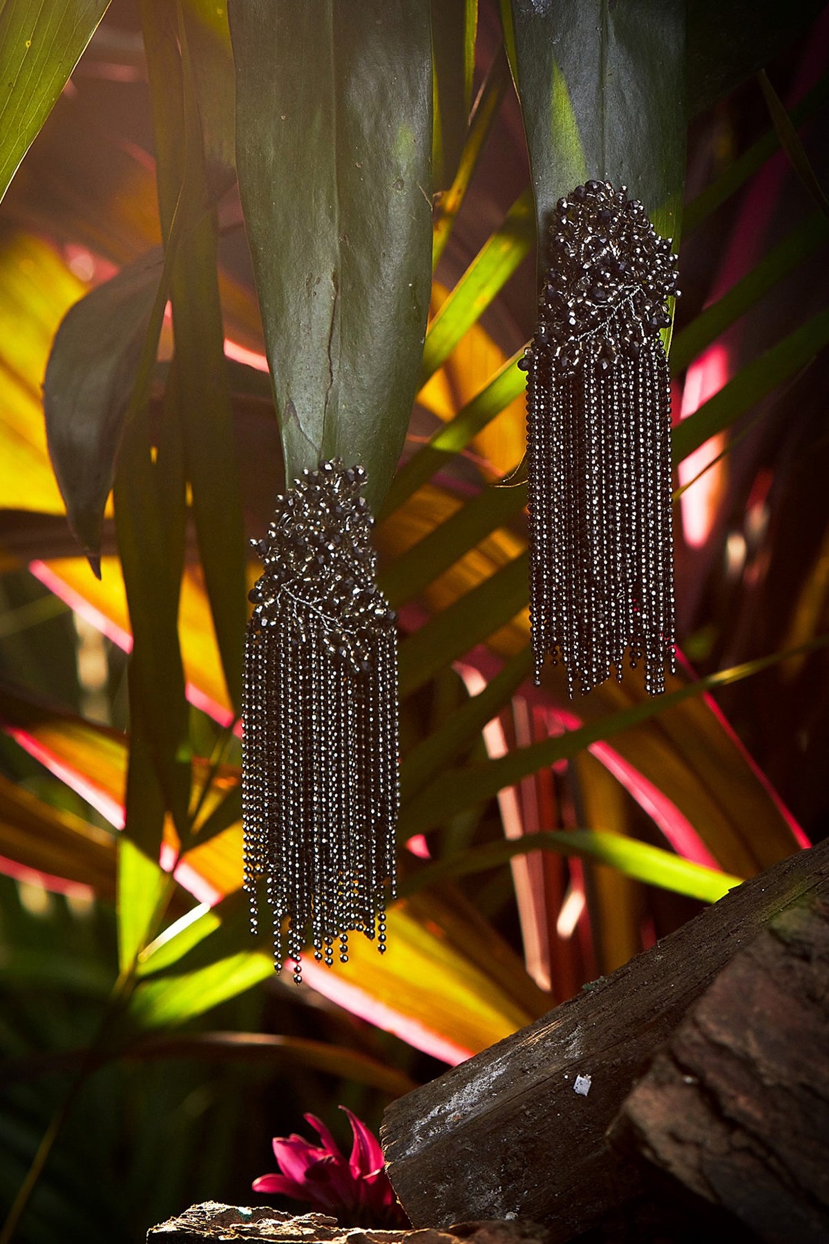 Gold Finish Gunmetal Grey Glass Beaded Dangler Earrings