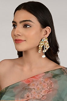 Gold Finish Multi-Colored Tasseled Dangler Earrings