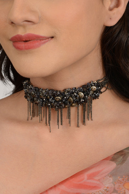 Black Semi Precious Beaded Choker Necklace