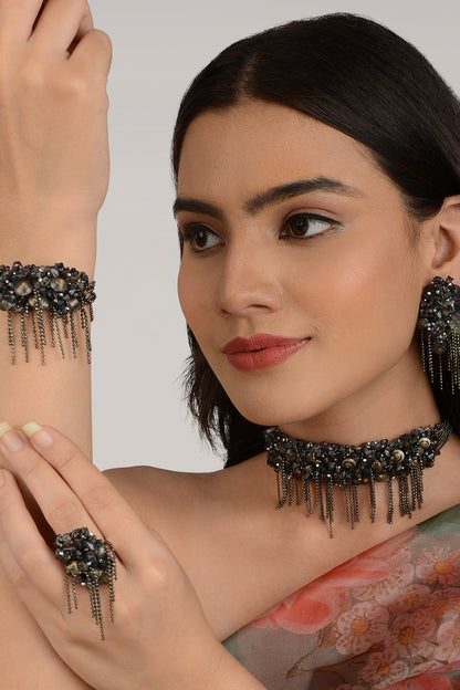 Black Semi Precious Beaded Choker Necklace Set
