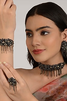 Black Semi Precious Beaded Choker Necklace Set