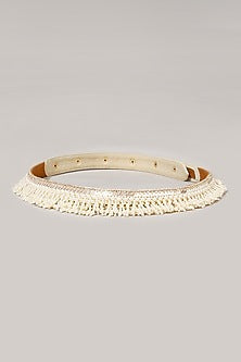 Gold Finish Embroidered White Waist Belt