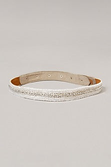 Gold Finish Pearl Embroidered White Waist Belt
