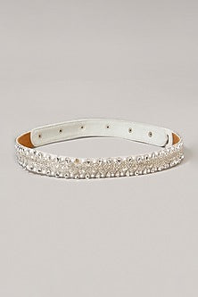 Gold Finish Embroidered Pearl White Waist Belt