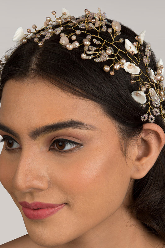 Gold Finish Peach Shell Beaded Hair Chain