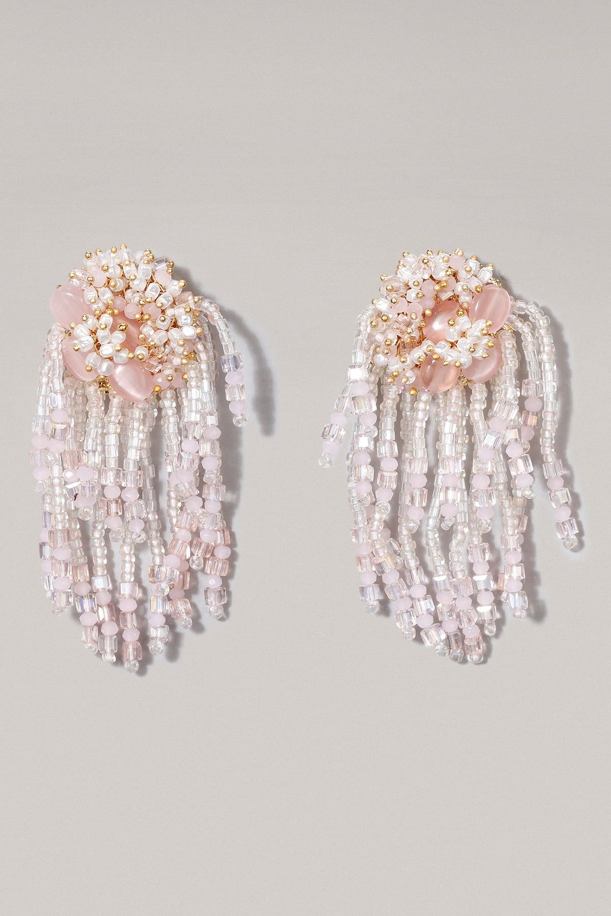 Gold Finish Baby Pink Beaded Dangler Earrings