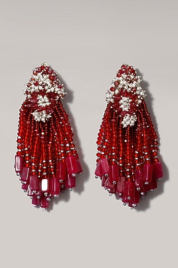 Gold Finish Red Beaded Dangler Earrings