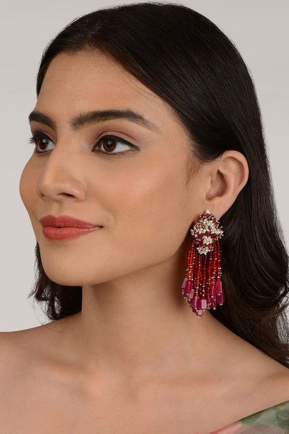 Gold Finish Red Beaded Dangler Earrings