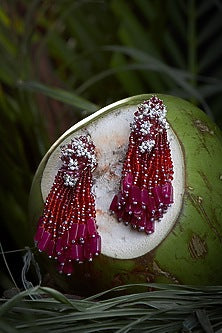 Gold Finish Red Beaded Dangler Earrings