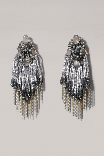 Silver Finish Grey & Silver Beaded Dangler Earrings