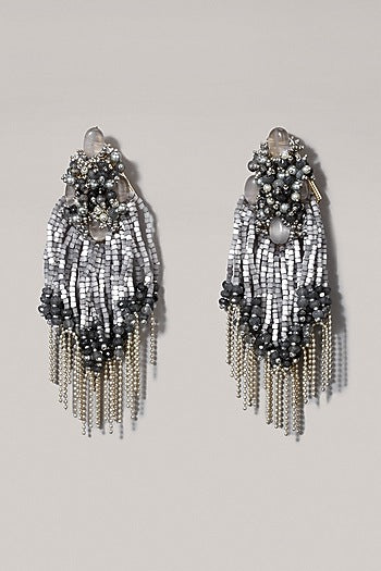Silver Finish Grey & Silver Beaded Dangler Earrings