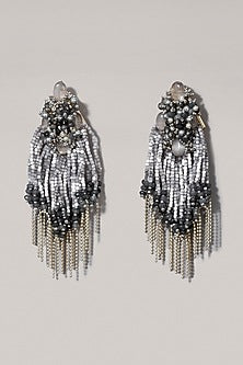 Silver Finish Grey & Silver Beaded Dangler Earrings