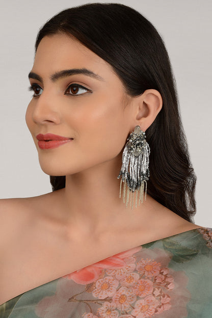 Silver Finish Grey & Silver Beaded Dangler Earrings