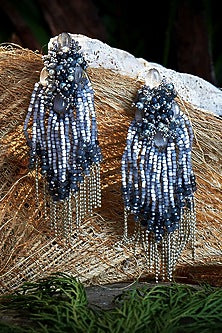 Silver Finish Grey & Silver Beaded Dangler Earrings