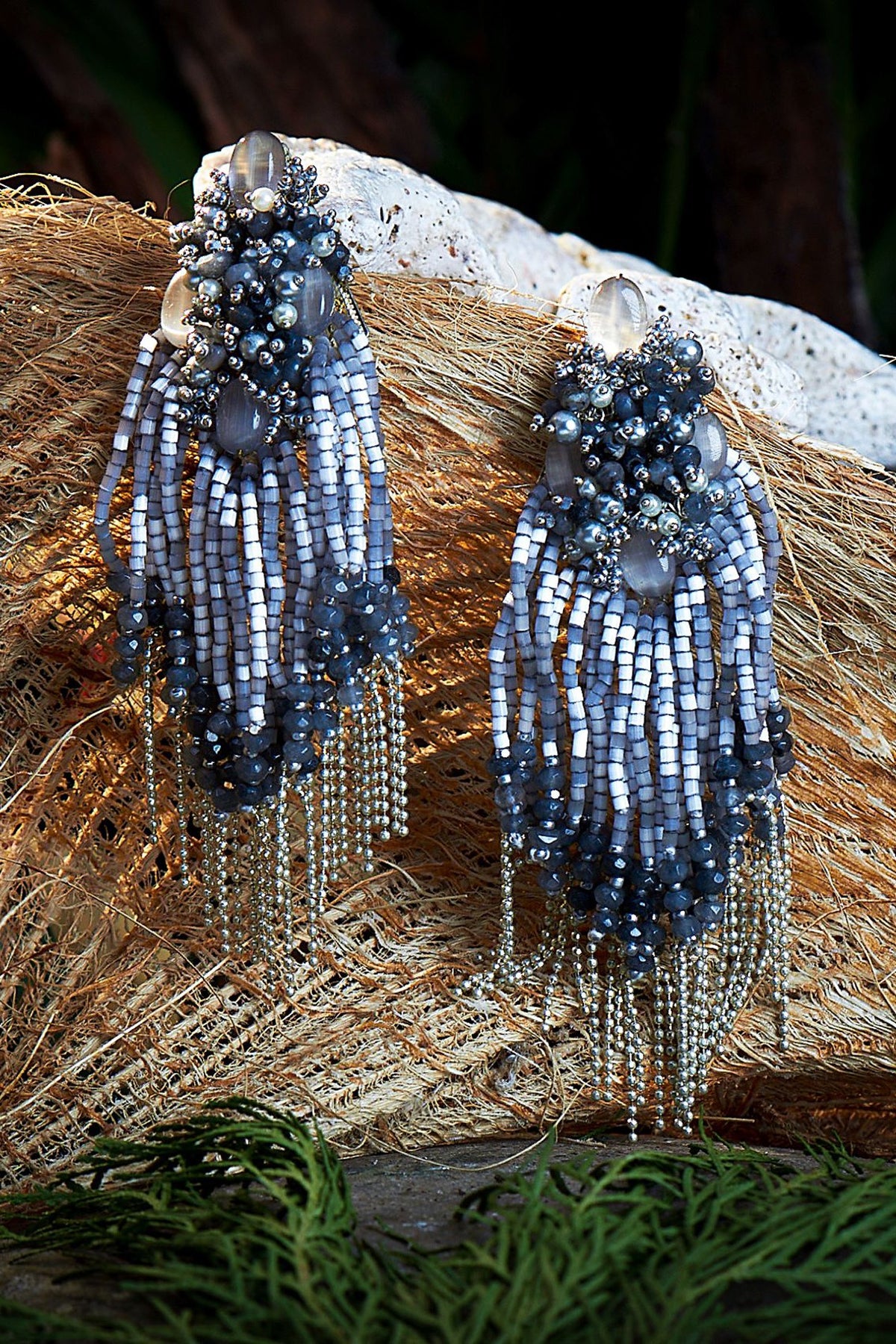 Silver Finish Grey & Silver Beaded Dangler Earrings