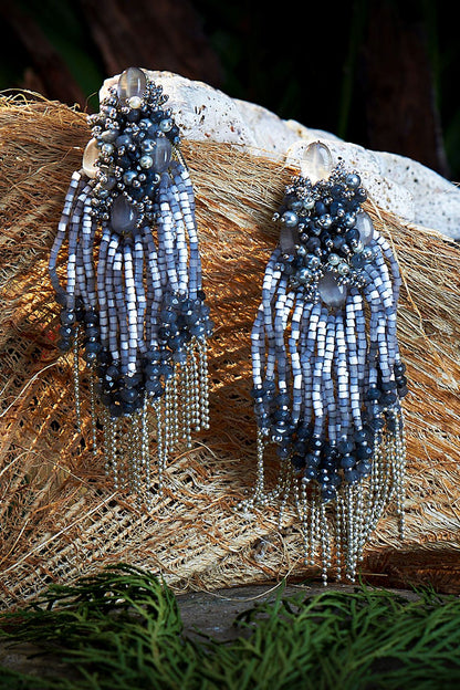Silver Finish Grey & Silver Beaded Dangler Earrings