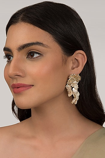 Gold Finish Shell & Crystal Stud Earrings