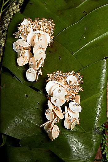 Gold Finish Shell & Crystal Stud Earrings