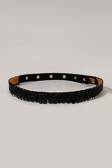 Gold Finish Pearl Embroidered Black Waist Belt