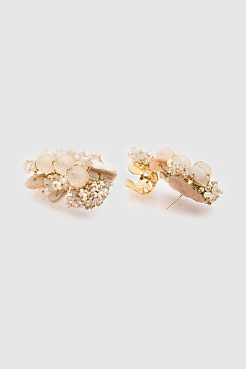 Gold Finish Beige & White Crystal Stud Earrings